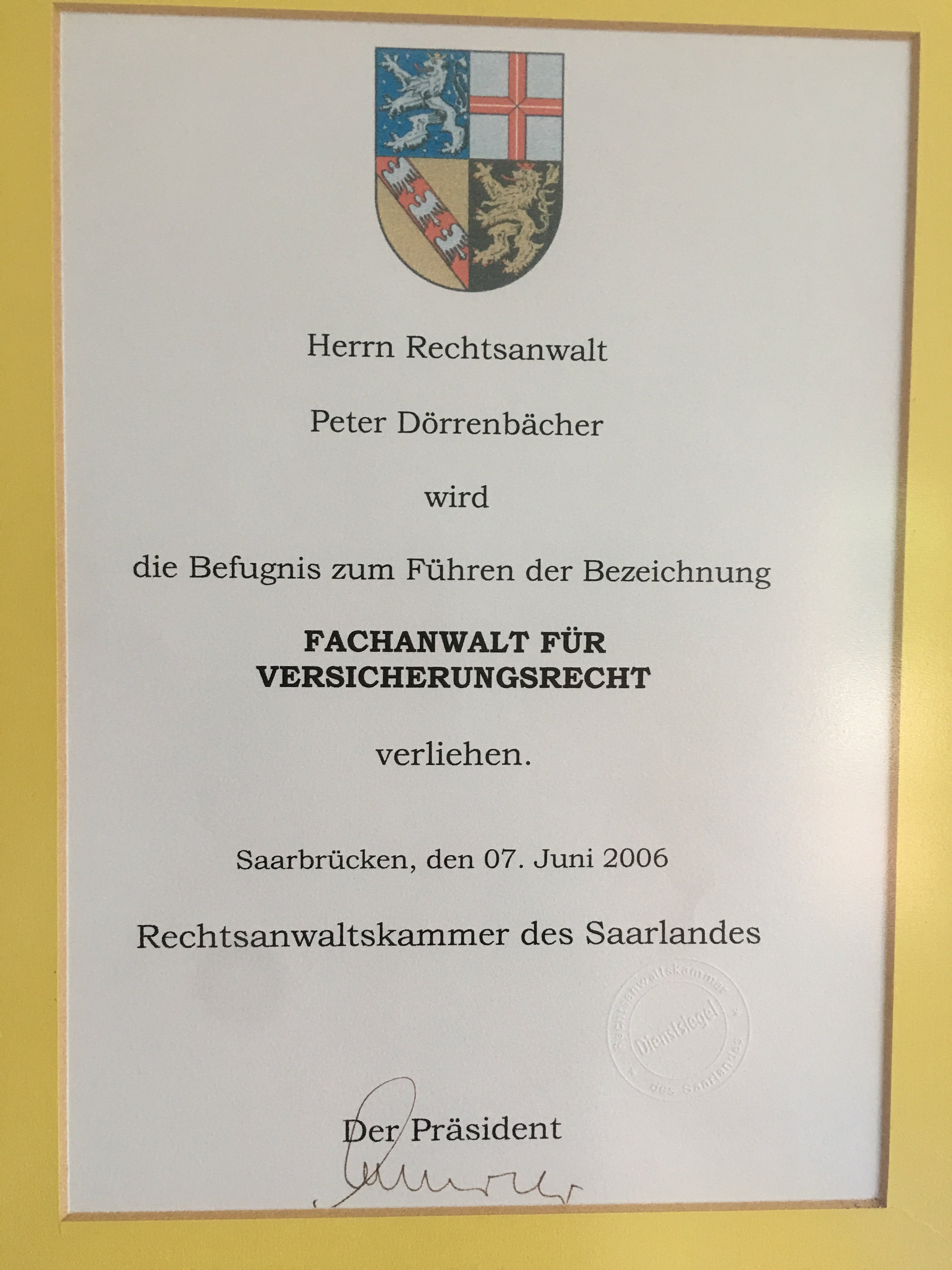Zertifikat Rechtsanwaltkammer des Saarlandes