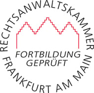 Amtliches Prüfsiegel "Fortbildungsnachweis" der Rechtsanwaltskammer Frankfurt